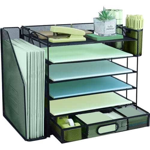 Image of 6 Tier Desk File Organiser with Extra Vertical File Sorter, Paper Letter Tray with Top Stationery Drawer Holder, A4 Paper Desktop Filing Trays, Magazine Document Holder for Home Office, Black