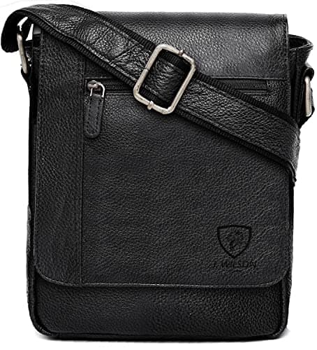 Image of J. Wilson London 100% Pure Genuine Real Vintage Hunter Leather Handmade Mens Leather Flapover Everyday Cross-Body Shoulder Work Messenger Bag (Black)