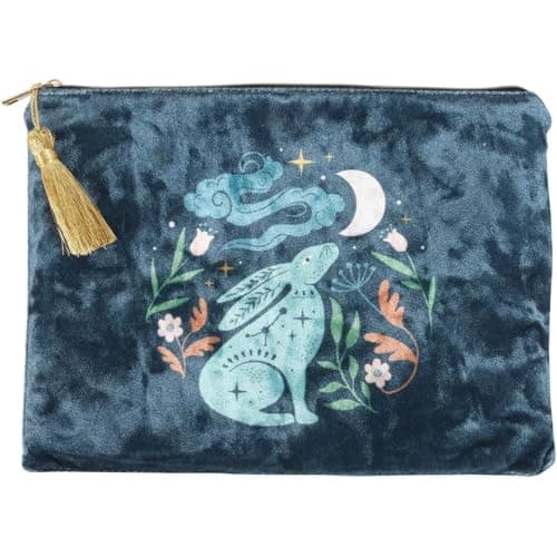 Image of Midnight Hare Velvet Makeup Bag – Steel Blue Cosmetic Pouch with Moon-Gazing Rabbit Design – Compact Travel Toiletry Bag – Soft Velvet Gift for Women & Teens