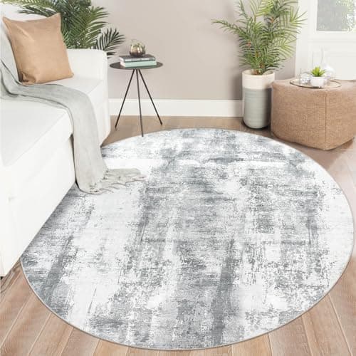 Image of Famibay Rugs Living Room Round 150cm Modern Abstract Grey Washable Circle Rugs Bedroom Round Area Rug Short Pile 5mm Thin Anti Slip Carpet for Dining Room Kids Room Hallway