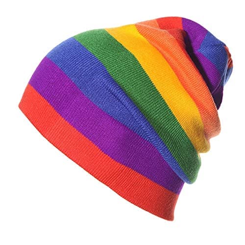 Image of HugeDE Winter Rainbow Knitted Ski Beanie Hat Knitted Skull Cap Knit Baggy Slouchy Cap for Kids Boys Girls Outdoor