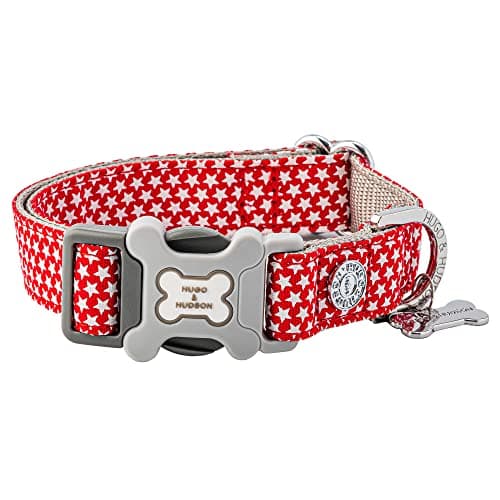 Image of HUGO & HUDSON Nylon Dog Collar with Quick Release Safety Buckle, Red Star, XS
