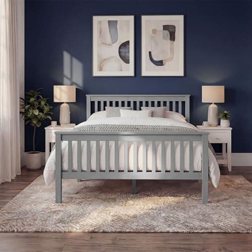 Image of Blisswood Double Bed, 4ft6 Double Bed Frame for Bedroom, Solid Pine Wood Bed Frames For Kids & Adults, Wooden Bed Frame With Headboard & Low Foot, Double Beds 198L x 143W x 82H, Grey