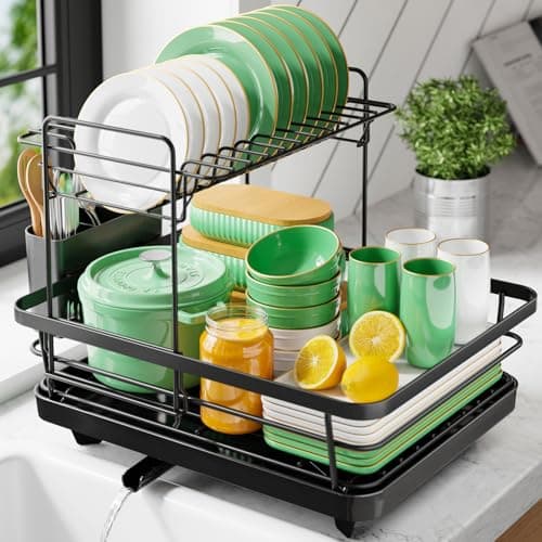 Image of Kitsure Dish Drainer Rack for Kitchen Counter, Stainless Steel Sink Organization and Storage Essentials with Cutlery Holder, Home and Appartment Decor, 39.3cm W x 30.4cm L, 2-Tiers, Black
