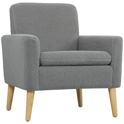Image of HOMCOM Armchair, Upholstered Accent Chair with Wood Legs and Wide Padded Seat, Teddy Occasional Chair, Grey