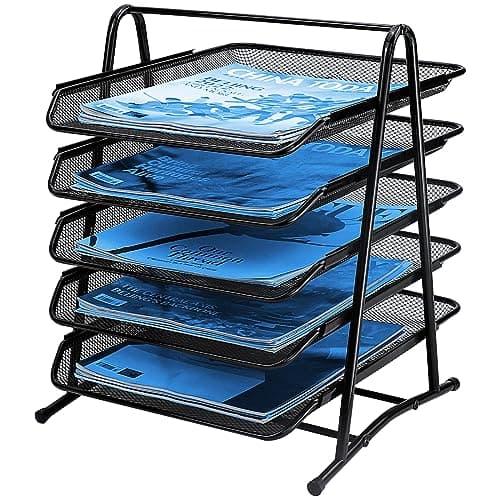 Image of Sliding Paper Organiser, Wire Mesh Letter Tray, Metal Magazine File Desk Storage, A4 Filing Trays for Office & Home (5 Tiers)