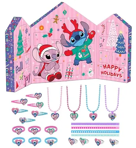 Image of Stitch Advent Calendar for Girls – 24 Day Surprise Accessories Set with Necklaces, Hair Bands, Wristbands, Hair Clips & Rings – Kids Jewellery Christmas Countdown Childrens Festive Gift Box 32cm