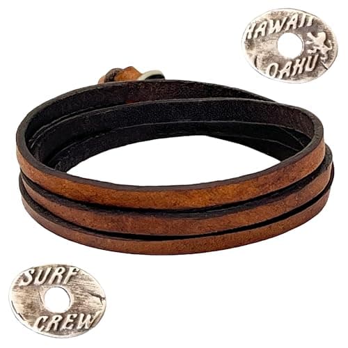 Image of LOCAL LEAGUE Leather Wrap Bracelet SURF CREW HAWAII for Men & Women - Tan/Cognac Brown - Multi-Layer Design, Adjustable Strap Wristband - Wrap up to 5 times, max. 37" (95 cm), Handmade in Europe
