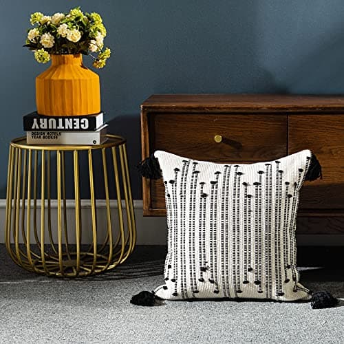 Image of LIGICKY Boho Throw Pillow Covers with Tassel Decorative Square Woven Pillowcase for Couch Sofa Bed, Black and White 18 x 18 Inch