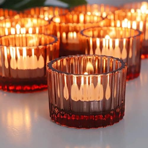 Image of Vohocandle Rose Gold Tea Light Holders set of 12 for Valentines Day, Ribbed Tealight Holders Glass for Wedding, Cute Votive Candle Holder for Room Decor (3.5cmH *5cmW)