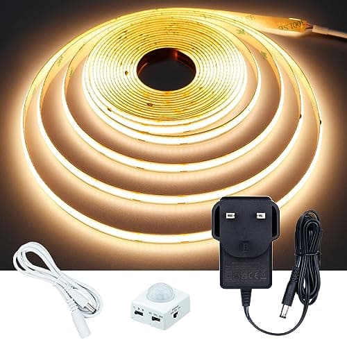 Image of GOMING Motion Sensor COB LED Strip Light 16.4ft(5M) Warm White 3000K CRI 93+ 3 Lighting Modes 3 Timing Off Modes 3 Brightness Modes with Power Adapter for Kitchen Cabinets Stair Showcase Bedroom Bed