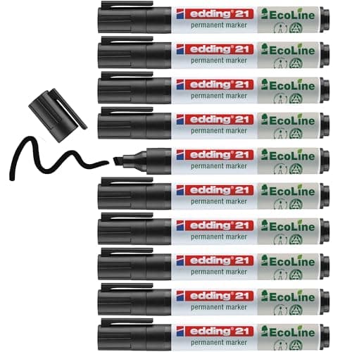 Image of edding 21 Ecoline permanent marker - black - box of 10 - round tip 1.5-3 mm - waterproof, quick-drying, smear-proof pens - for cardboard, plastic, glass, wood, metal and fabric - refillable