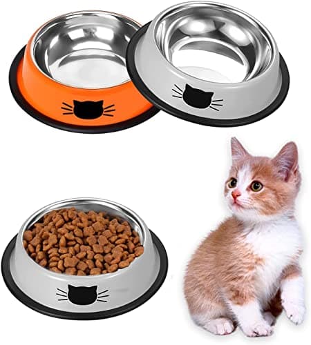 Image of Ctop 2 Piece Cat Food Bowls,Cat Bowls, Cat Protection Set,Dog Bowls.Non-Slip Stainless Steel Cat Bowl, Water Bowl, Cat Bowl, Cat Bowls and Drinking for Pets, Gray Red