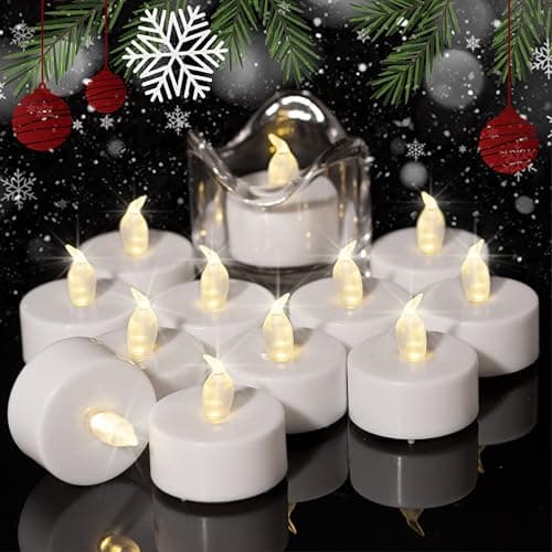Image of Auralome LED Battery Tea Lights - Flickering Flameless Candles Small Warm White 12-Pack Tealights Flicker Bright Fake Light Electric Operated Last 200 Hours for Diwali Votive Wedding Pumpkin Halloween