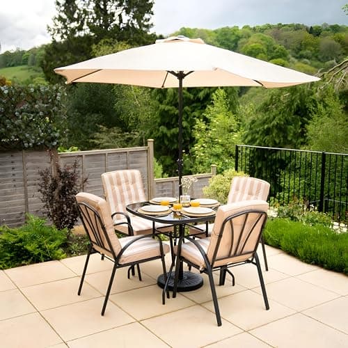 Image of Hectare 4 Seater Metal Garden Furniture Outdoor Dining Set with Table and Parasol in Beige Stripe