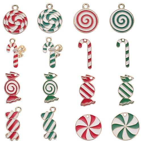 Image of SUNNYCLUE 1 Box 32Pcs 16 Styles Candy Charms Bulk Candy Cane Charm Christmas Candies Alloy Enamel Red Gold Plated Stick Holiday Dangle Round Charm for jewellery Making Charms DIY Necklace Adults