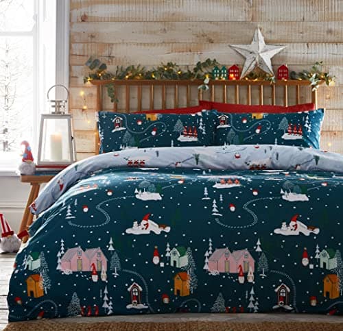 Image of HOMEMAKER BEDDING Christmas Village Duvet Cover Set Festive Xmas Santa Gonks (Single)