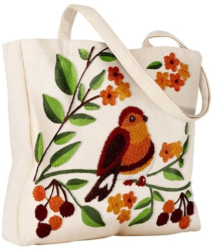 Image of Miss Adola Aesthetic Embroidery Tote Bag for Women - Reusable Canvas Cloth Shoulder Bag with Cute 3d Tree Bird Embroidered Designer Shopping Bag for Grocery, Work, Book, Vacation