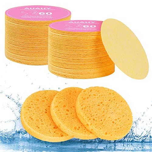 Image of AUAUY Compressed Facial Sponges, 60 Count Cellulose Facial Sponges for Daily Cleansing, 100% Natural Wood Pulp Cotton Face Washing Sponge for Facial Cleansing, Exfoliating Mask, Makeup Removal