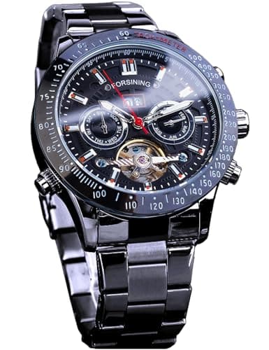 Image of FORSINING Men Tourbillon Mechanical Self-Wind Watch, Day Date Month Full Calendar, Luminous Tachymeter Multifunctional Automatic Watches, Carved Big Dial Stainless Steel Band Wrist Watch, Black