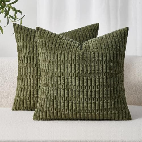 Image of Topfinel Olive Green Corduroy Cushion Covers 40x40 cm 16x16 Inch Pack of 2 Decorative Throw Pillow Cases with Invisible Zipper Soft Sofa Cushion Covers for Living Room Bedroom Sofa Bed