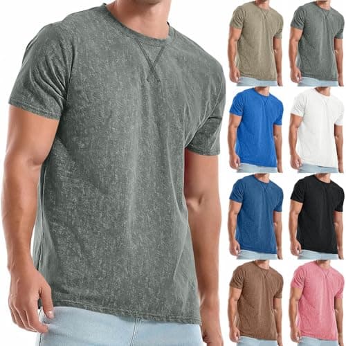 Image of Men's Distressed T-Shirts UK Cotton Crew Neck Vintage Tshirt Casual Short Sleeve Tops Regular Fit Solid Color Lightweight Breathable T Shirt Vintage Summer Comfort Classic Basic Tees Shirts