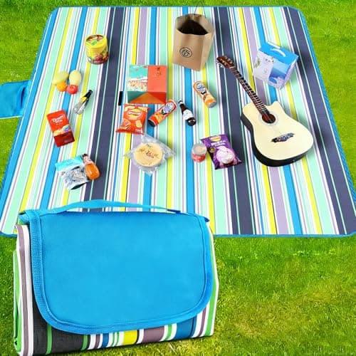 Image of Dubydu Waterproof Picnic Blanket 200x150cm, Foldable Picnic Rug with Sandproof & Slip-Resistant PVC Backing, Washable Outdoor Beach & Camping Mat with Carry Handle for Garden, Park & Family Outings