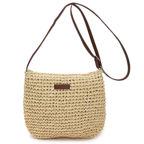 Image of MLPKOI Straw Bag for Women, Summer Beach Crossbody Bag Handmade Rattan Shoulder Bags with Zipper and Adjustable Strap, for Holiday Beach Travel Beige