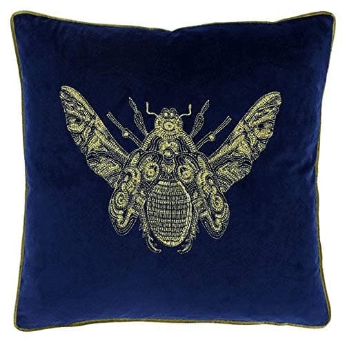 Image of Riva Paoletti Cerana Cushion Cover Royal Blue Super Soft Velvet Fabric Embroidered Bee Design Gold Piped Edges 100% Polyester 50 x 50cm (20" x 20" inches)