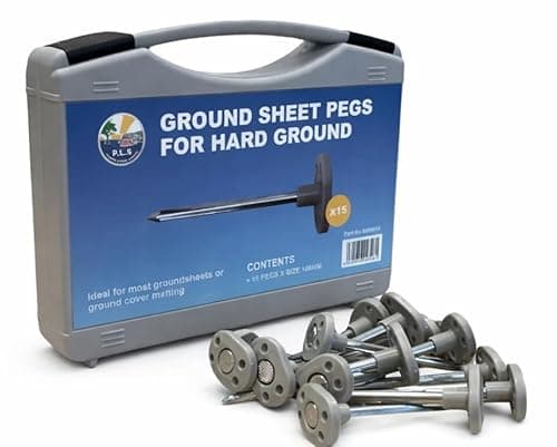 Image of PLS Steel Ground Sheet Pegs for Hard Ground, Heavy Duty Awning Anchors, 100mm Length, 6mm Gauge, Silver, 15 Pack with Storage Case