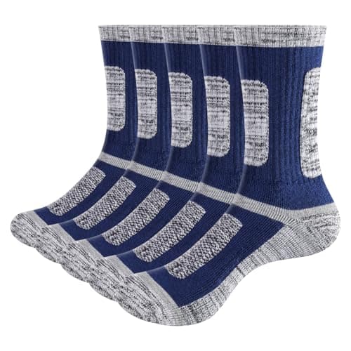 Image of YUEDGE Mens Outdoor Hiking Walking Sports Socks Sweat Wicking Anti Odor Cushioned Blue Cotton Mid Calf Casual Safety Welly Boot Everyday Work Socks for Men 6-10, 5 Pairs