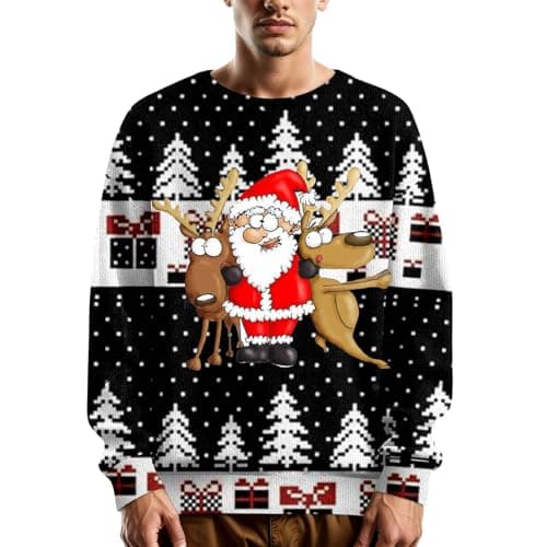 Image of Mens Christmas Jumper Xmas Tree & Reindeer Fairisle Pattern Long Sleeve Knit Crew Neck Crew Xmas Sweater Hooded Sweatshirts Drawstring Casual Hoody with Kanga Pocket Santa Jacket Adult (Black-5,5XL)