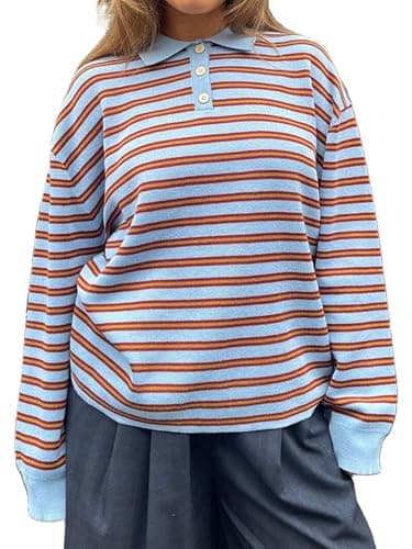 Image of Kouoybt Womens Striped Long Sleeve Tops Oversized Button-Down Polo Shirt Vintage Collared Sweatshirt (A-Blue, XL)