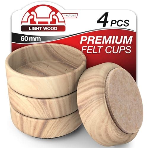 Image of Medipaq Felt Castor Cups – 4x Large 60mm Light Wood Grain – Protects Wooden & Smooth Floors – Chair & Furniture Leg Protectors