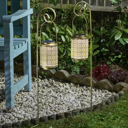 Image of 2 x Solar Powered Rabat Lanterns - Weatherproof Outdoor Garden Moroccan Style Silhouette Stake Lights with Hanging Crook for Patio, Decking, Pathway, Border, Balcony, Yard – H86 x W11cm