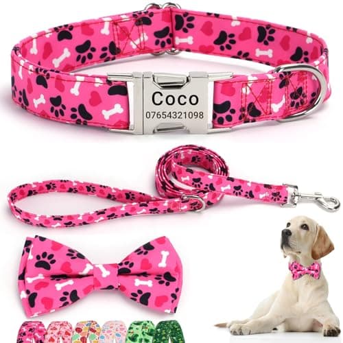 Image of SEOUGEE Valentine's Day Dog Collar Personalised with Bowtie & Lead Set, Adjustable Cotton Dog Collars and Leash with Engraved Metal Buckle for Medium Dogs (Pink Paws Set, M:Neck 35-50cm)