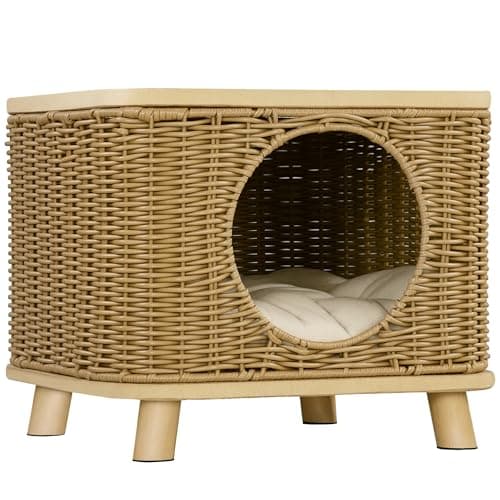 Image of PawHut Elevated Design Wicker Cat House with Washable Cushion, Light Brown