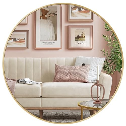 Image of SONGMICS Round Mirror, 61 cm Bathroom Mirror for Wall, Metal Frame, Easy to Install, Modern Wall Mirror for Bathroom, Living Room, Bedroom, Entryway, Hallway, Metallic Gold LWM102A01