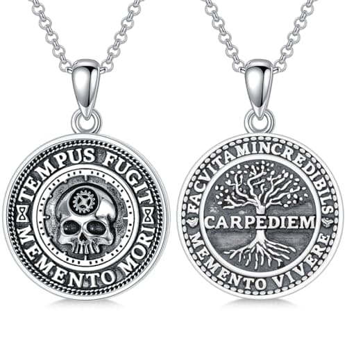 Image of PROESS Memento Mori Necklace 925 Sterling Silver Memento Mori Skull Pendant Jewelry Gifts for Men for Christmas
