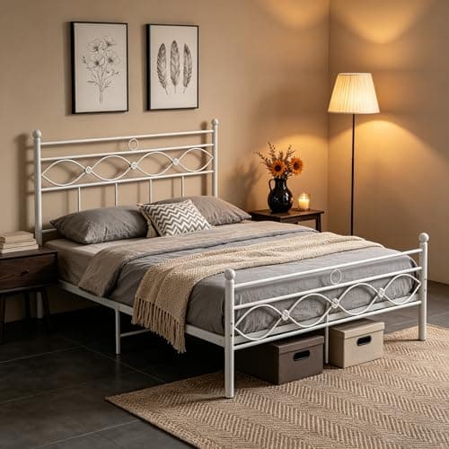 Image of Panana Metal Bed Quality Frame Double Size Metal Platform Bed Frame with Headboard Mattress Foundation (White, 4FT6)