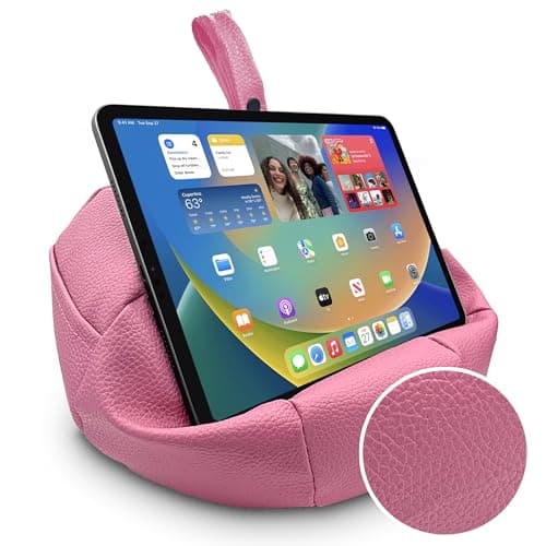 Image of NEWMANS Pink Faux Leather Bean bag cushion for Tablet/iPad/Laptops - Holds securely at any angle on any surface - Handy side pockets
