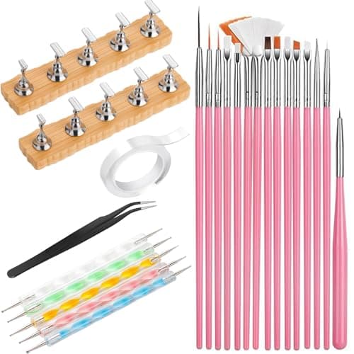 Image of Nail Art Tools, Nail Design Tools with 15 PCS Nail Art Brushes, 5 PCS Nail Dotting Tool, Nail Stand for Painting Nails, Nail Tweezers Nail Decoration Kit for Beginners