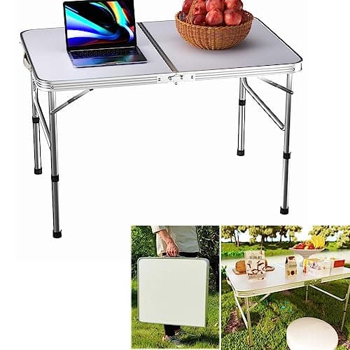 Image of Qimu 3ft Aluminium Folding Table Picnic Table Foldable Portable Folding Camping Table Adjustable Height Compact Trestle Table with Carrying Handle for Picnic Party BBQ Indoor Outdoor Garden Cooking