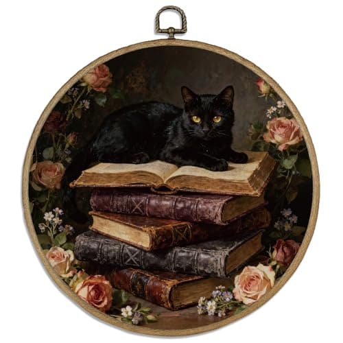 Image of DELORIGIN 10" Retro Black Cat Vintage Wall Art Decor Book Flower Round Wood Framed Canvas Wall Art Prints with Metal Hooks Home Artwork Hanging Picture for Bedroom Living Room Hallway Stairs Decor