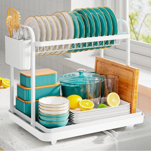 Image of Kitsure Dish Drainer Rack - Space-Saving Dish Drainer, Dish Racks for Kitchen Counter, Stainless Steel Kitchen Drying Rack with a Cutlery Holder, 2-Tiers, White