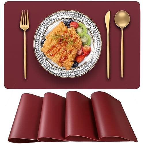 Image of Blibalaskr PVC Heat Resistant Placemats Set of 4,Waterproof Wipeable Floor Place Mats,Non-Slip Easy Clean Table Mats for Kitchen Table Decor,12×18 Inch (Burgundy)