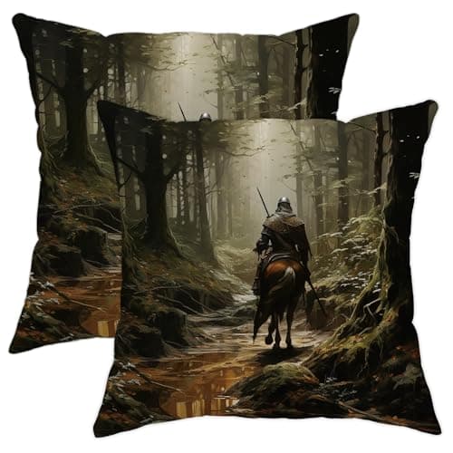 Image of Tropical Jungle Throw Pillow Covers Set of 2 Warrior with Horse in Forest Watercolor Western Tree Landscape Green Velvet Cozy Square Living Room Decor Bedroom Couch Cushion Pillowcases 16x16inch