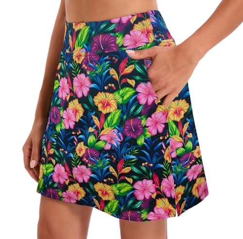 Image of Oyamiki Womens Golf Skort Workout Casual Skirt Shorts A Line Sports Skorts with 4 Pockets Pink Yellow Flower L