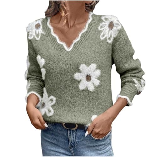 Image of TURWXGSO Womens Jumpers Floral Fuzzy V Neck Long Sleeve Pullover Sweaters Knit Jumper Loose Fit Casual Layering Tops Comfy Warm Knitwear Scallop Trim Sweater for Winter