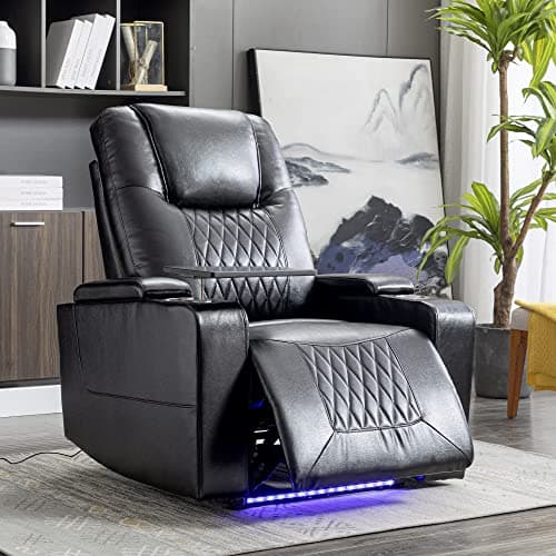 Image of Merax Electric Recliner Chair TV armchair with USB Charge Port, 360 Swivel Tray Table, Hand in-Arm Storage, and Cup Holders, Ambient Lighting Gaming Recliner Chair Home Theater Seating (Black)